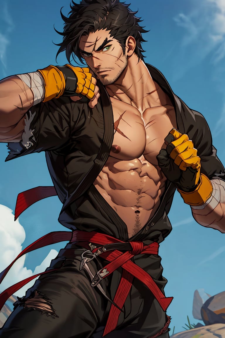 solo male, Grappler, Dungeon Fighter Online, black hair, short hair, brown eyes, thick eyebrows, forked eyebrows, stubble, green eyes, scars on face, scar on cheek, scar on chest, pectorals, pectoral cleavage, rn black dougi, black pants, red martial arts belt, yellow fingerless gloves, barefoot, bandaged hand, toned male, mature, handsome, charming, alluring, serious, fighting stance, upper body, perfect anatomy, perfect proportions, ((perfect eyes, perfect, parfect fingers)), best quality, masterpiece, high_resolution, dutch angle, cowboy shot, photo background