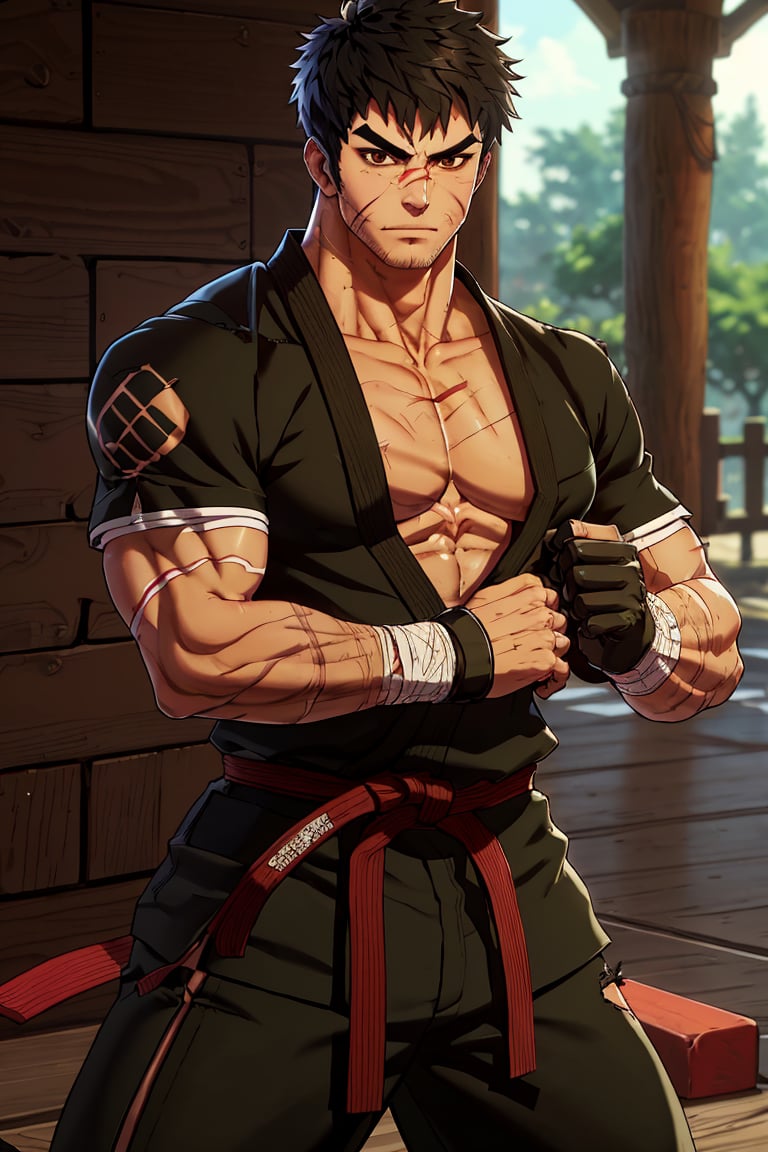 solo male, Grappler, Dungeon Fighter Online, black hair, short hair, brown eyes, thick eyebrows, forked eyebrows, stubble, green eyes, scars on face, scar on cheek, scar on chest, pectorals, pectoral cleavage, rn black dougi, black martial arts pants, red martial arts belt, yellow fingerless gloves, barefoot, bandaged hand, toned male, mature, handsome, charming, alluring, erotic, (blush, shy, clothes down, undressing), upper body, perfect anatomy, perfect proportions, ((perfect eyes, perfect, parfect fingers)), best quality, masterpiece, high_resolution, dutch angle, photo background