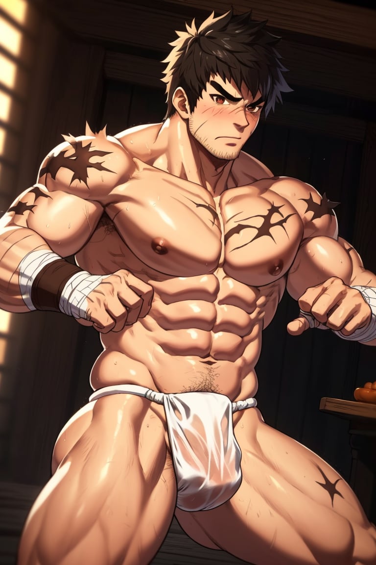 solo male, Grappler, Dungeon Fighter Online, black hair, short hair, brown eyes, thick eyebrows, forked eyebrows, stubble, scars on face, scar on cheek, scar on chest, pectoral cleavage, complete topless. shirtless, bottomless, ((pure white fundoshi)), yellow fingerless gloves, barefoot, bandaged hand, bare shoulder, bare arms, toned male, mature, handsome, charming, alluring, erotic, ((blush, shy)), sweaty shiny skin, fighting stance, upper body, perfect anatomy, perfect proportions, ((perfect eyes, perfect, parfect fingers)), best quality, masterpiece, high_resolution, dutch angle, photo background,Fundoshi