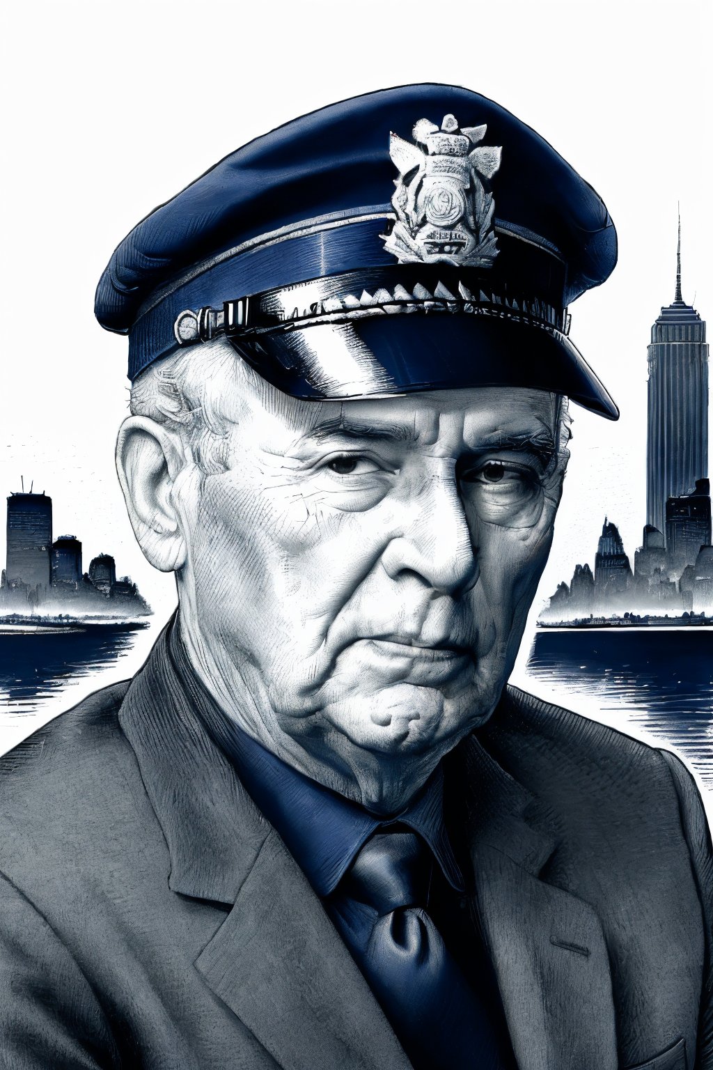 Iinsanely detailed XTCH Portrait, colored crosshatching portrait of an NYPD Patrol Officer, medium close-up, highly detailed crosshatched face, linear hatched drawing, navy theme, spot color, monochrome, partially colored, NYC background, XTCH, crosshatching, portrait