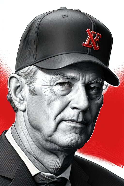 A detailed XTCH crosshatching sketched illustration, close-up portrait of a vintage Baseball Player, an older Pitcher staring away under brim of cap, with a smirk. Partially shaded face, highly detailed, red theme, colored linear hatch lines, heavy crosshatching in face and skin tones, sharp focus, spot color, XTCH, crosshatching, portrait,XTCH