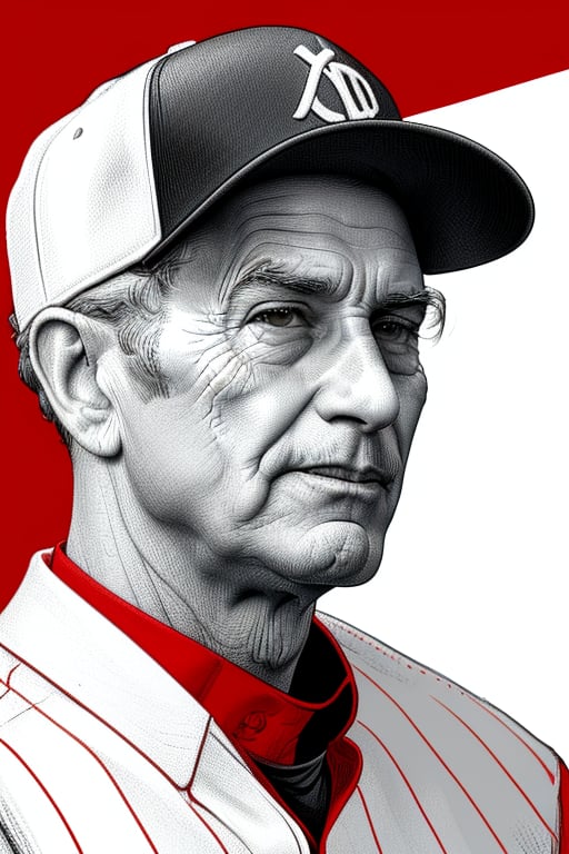 A detailed XTCH crosshatching sketched illustration, close-up portrait of a vintage Baseball Player, an older Pitcher staring away under brim of cap, with a smirk. Partially shaded face, highly detailed, red theme, colored linear hatch lines, heavy crosshatching in face and skin tones, sharp focus, spot color, XTCH, crosshatching, portrait,XTCH