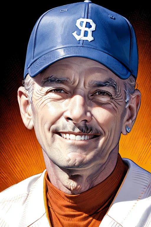 A detailed XTCH crosshatching sketched illustration, close-up portrait of an old vintage Baseball Player, a Pitcher staring off under brim of cap, crooked smile. Partially shaded face, highly detailed, red theme, colored linear hatch lines, heavily crosshatched in face and skin tones, burnt orange theme, sharp focus, spot color, XTCH, crosshatching, portrait,XTCH