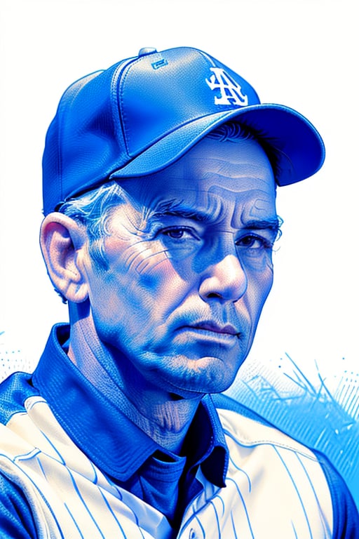 A detailed XTCH crosshatching sketched illustration, close-up portrait of a vintage Baseball Player, an older Pitcher staring away under brim of his red cap, with a smirk. Partially shaded face, highly detailed, blue theme, colored linear hatch lines, heavy crosshatching in face and skin tones, sharp focus, spot color, XTCH, crosshatching, portrait,XTCH