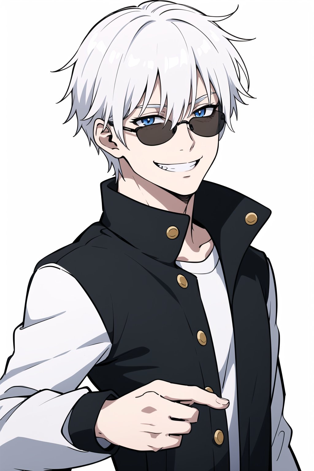 solo, looking at viewer, smile, short hair, bangs, blue eyes, simple background, long sleeves, 1boy, white background, hair between eyes, school uniform, jacket, upper body, white hair, male focus, grin, black jacket, sunglasses, high collar, round eyewear, gojou satoru