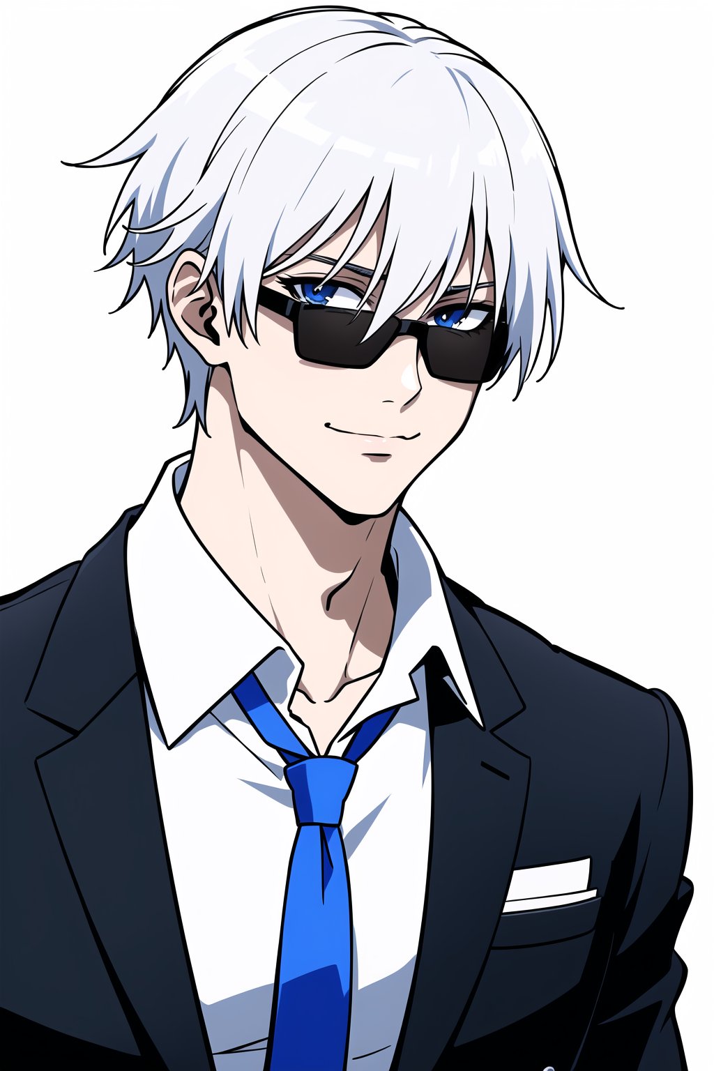 solo, looking at viewer, smile, short hair, bangs, blue eyes, simple background, shirt, 1boy, white background, hair between eyes, closed mouth, jacket, white shirt, upper body, white hair, male focus, necktie, collared shirt, black jacket, formal, sunglasses, suit, portrait, black necktie, colored eyelashes, round eyewear, gojou satoru