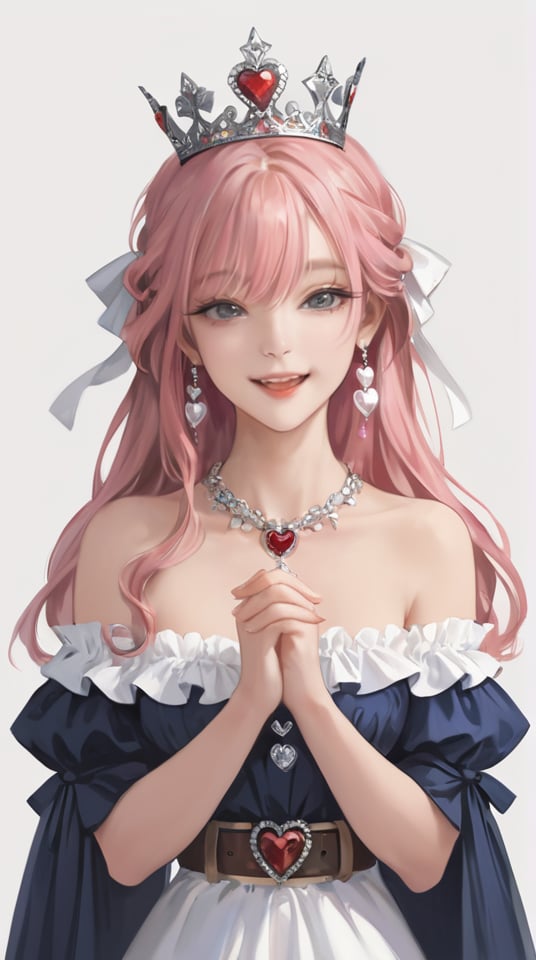 (best quality), ((masterpiece)), (highres), illustration, original, extremely detailed,  <lora:ACG ART_V:0.6>1girl, long hair, jewelry, solo, gem, looking at viewer, long sleeves, crown, smile, open mouth, earrings, dress, white background, ribbon, belt, off shoulder, red gemstone, own hands together, frills, puffy long sleeves, grey eyes, hair ornament, upper body, bangs, puffy sleeves, hair ribbon, bare shoulders, simple background, eyelashes, white ribbon, off-shoulder dress, frilled sleeves, :d, heart, mini crown, wavy hair, pink hair, collarbone