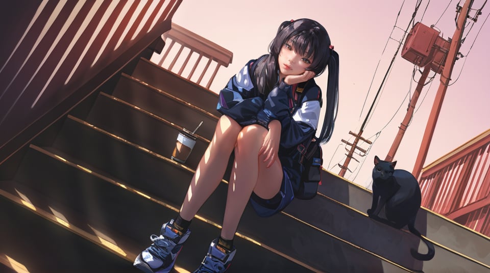 (best quality), ((masterpiece)), (highres), illustration, original, extremely detailed,  <lora:ACG ART_V:0.7>1girl, cat, stairs, sitting, twintails, sitting on stairs, solo, black hair, long hair, backpack, outdoors, bag, shoes, black cat, cigarette, head rest, power lines, sneakers, looking at viewer, socks, jacket