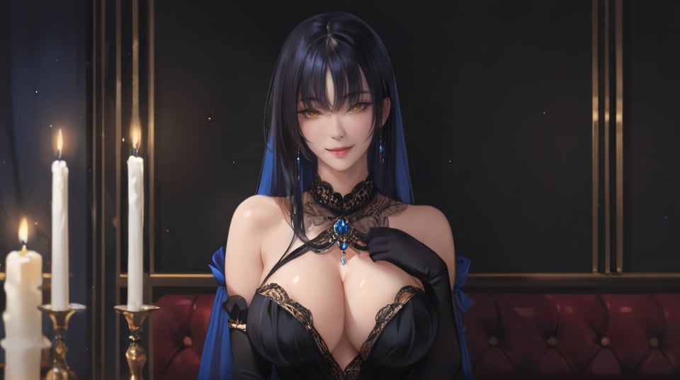 (best quality), ((masterpiece)), (highres), illustration, original, extremely detailed,  <lora:ACG ART_V:0.7>1girl, solo, long hair, smile, breasts, gloves, candle, dress, yellow eyes, looking at viewer, black gloves, black dress, large breasts, elbow gloves, cleavage, blue hair, mole, closed mouth, black hair, upper body