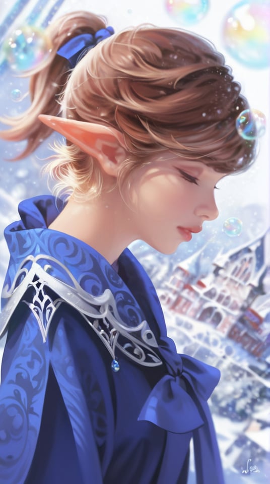 (best quality), ((masterpiece)), (highres), illustration, original, extremely detailed, <lora:ACG ART_V:0.7>1girl, solo, pointy ears, closed eyes, elf, brown hair, ponytail, profile, signature, from side, bubble, castle, lips, artist name