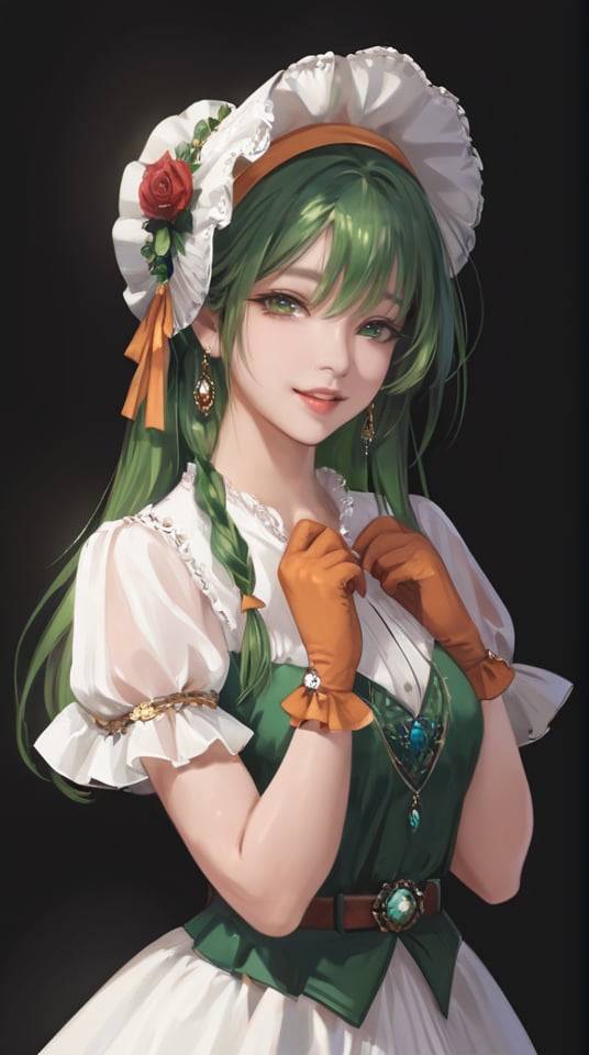 (best quality), ((masterpiece)), (highres), illustration, original, extremely detailed,  <lora:ACG ART_V:0.7>1girl, solo, gloves, green eyes, dress, flower, green dress, elbow gloves, gem, smile, looking at viewer, drill hair, hat, green gemstone, hat feather, belt, rose, jewelry, bangs, hat flower, twin drills, black background, frills, bow, green gloves, red flower, long hair, bonnet, green hair, parted lips, orange bow