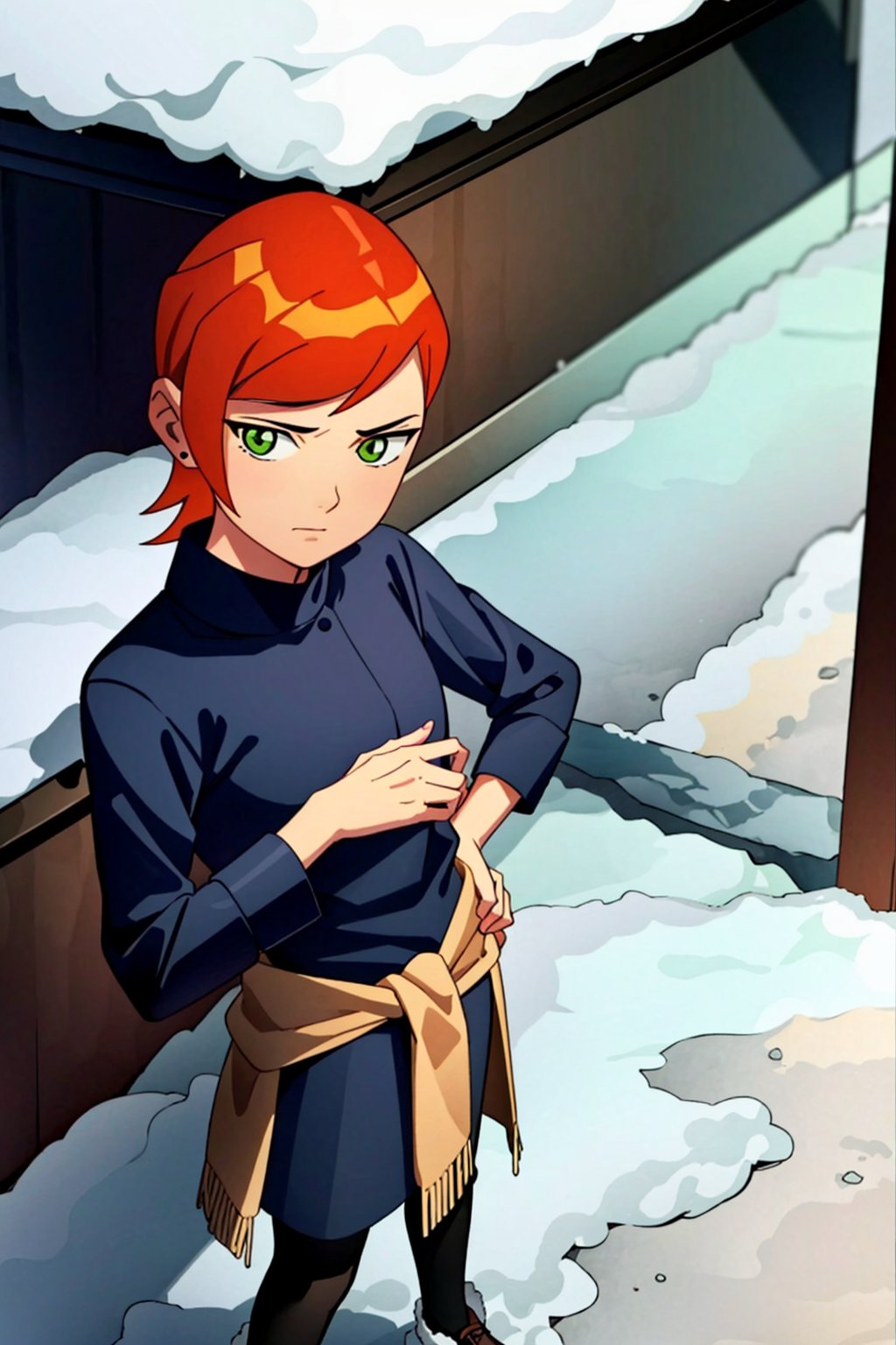 ((masterpiece)), ((More_Detail)). | 1girl, solo, short hair, orange hair, green eyes. | Clothes= (winter). | Pose= (hands on waist).