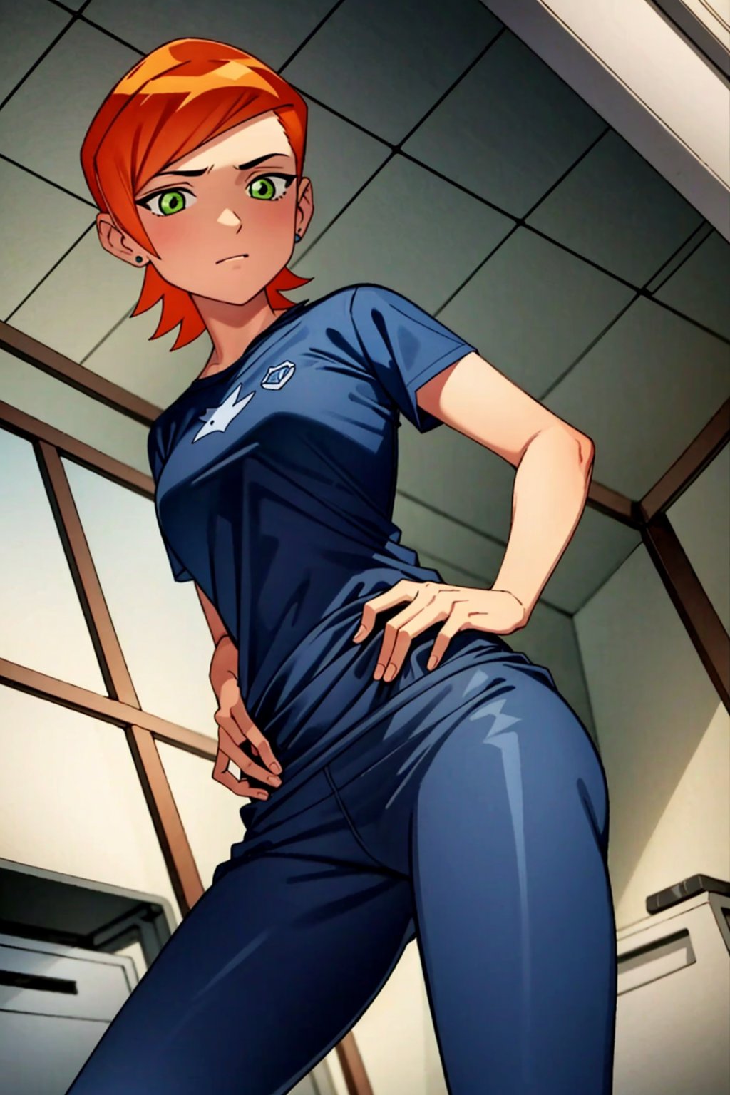 ((masterpiece)), ((More_Detail)). | 1girl, solo, short hair, orange hair, green eyes. | Clothes= (sports). | Pose= (hands on waist).