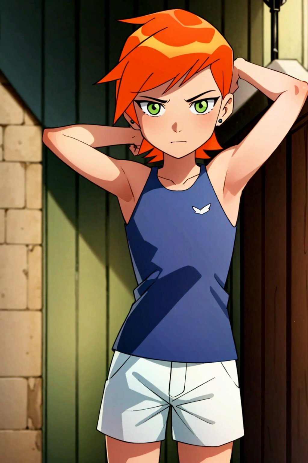 ((masterpiece)), ((More_Detail)). | 1girl, solo, short hair, orange hair, green eyes. | Clothes= (blue tank top, white shorts). | Pose= (hands behind head).