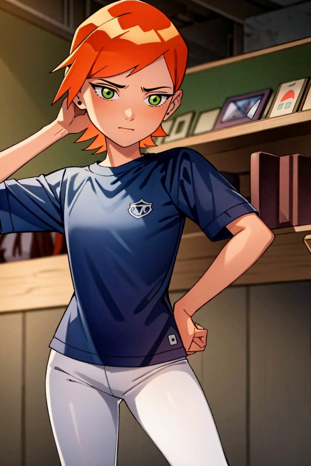 ((masterpiece)), ((More_Detail)). | 1girl, solo, short hair, orange hair, green eyes. | Clothes= (sports). | Pose= (hands behind head).