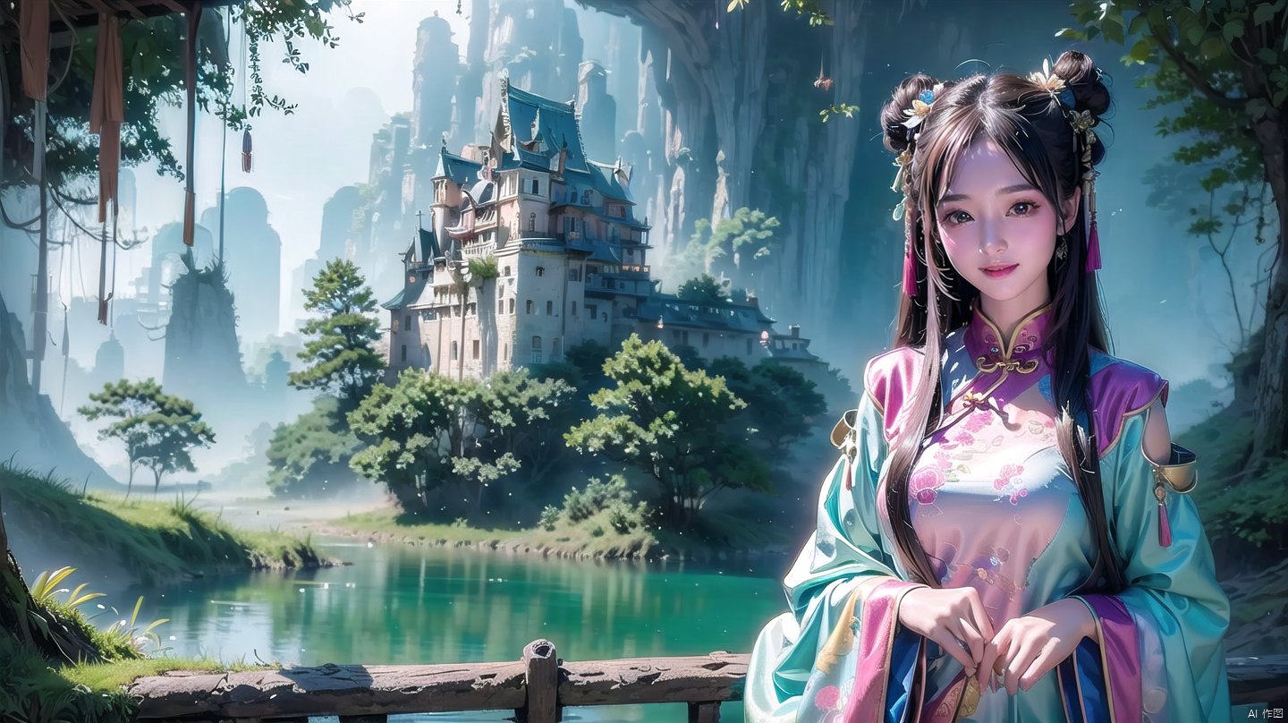 (Masterpiece, best quality: 1.5), surreal, 1 girl, long hair, straight hair, portrait, mysterious forest, sweet smiling girl, exquisitely decorated cheongsam, medium chest, exquisite and realistic details, magical tower background, mysterious fantasy world, colorful and colorful