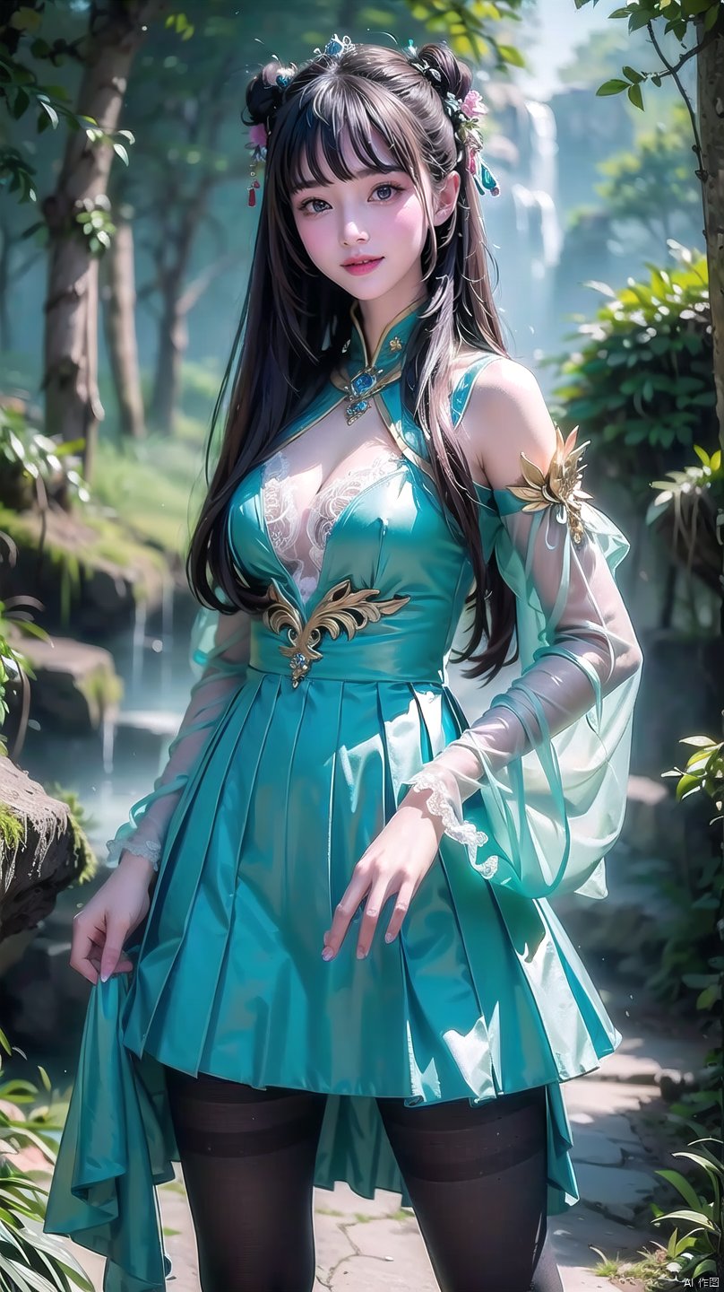 (Masterpiece, best quality: 1.5), surreal, 1 girl, straight bangs, long hair, straight hair, portrait, mysterious forest, sweet smiling girl, pantyhose, pantyhose, pantyhose,
Exquisitely decorated pleated princess dress, medium chest, exquisite and realistic details, magical tower background, mysterious fantasy world, beautiful visuals