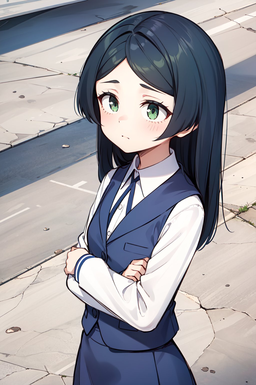 (1girl, solo,(Barbara_parker), long hair, black hair, green eyes, long sleeves, collared shirt, vest,navy blue skirt, standing, crossing arms,upper body)