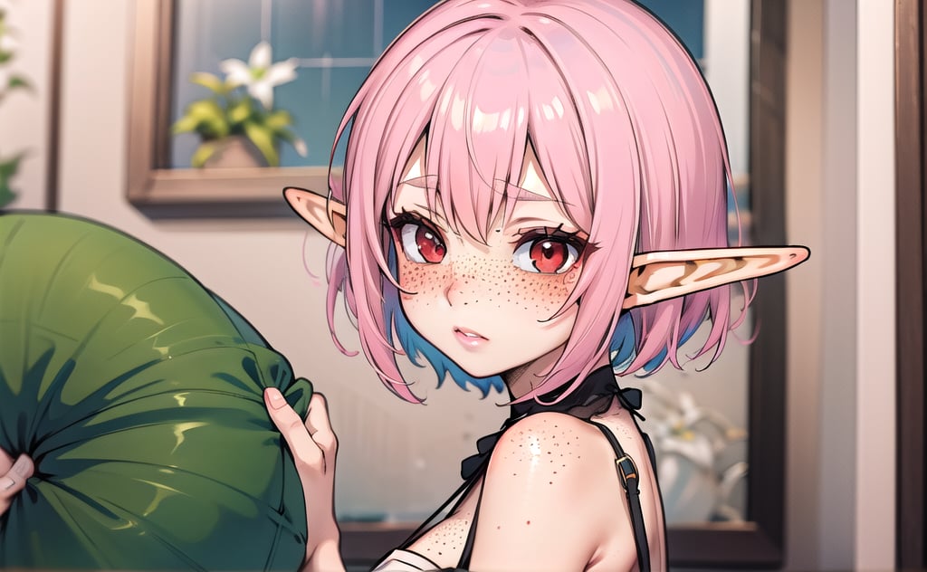 Short hair, pink hair, red eyes, freckles, blushing,elf,elf girl,pale pink hair