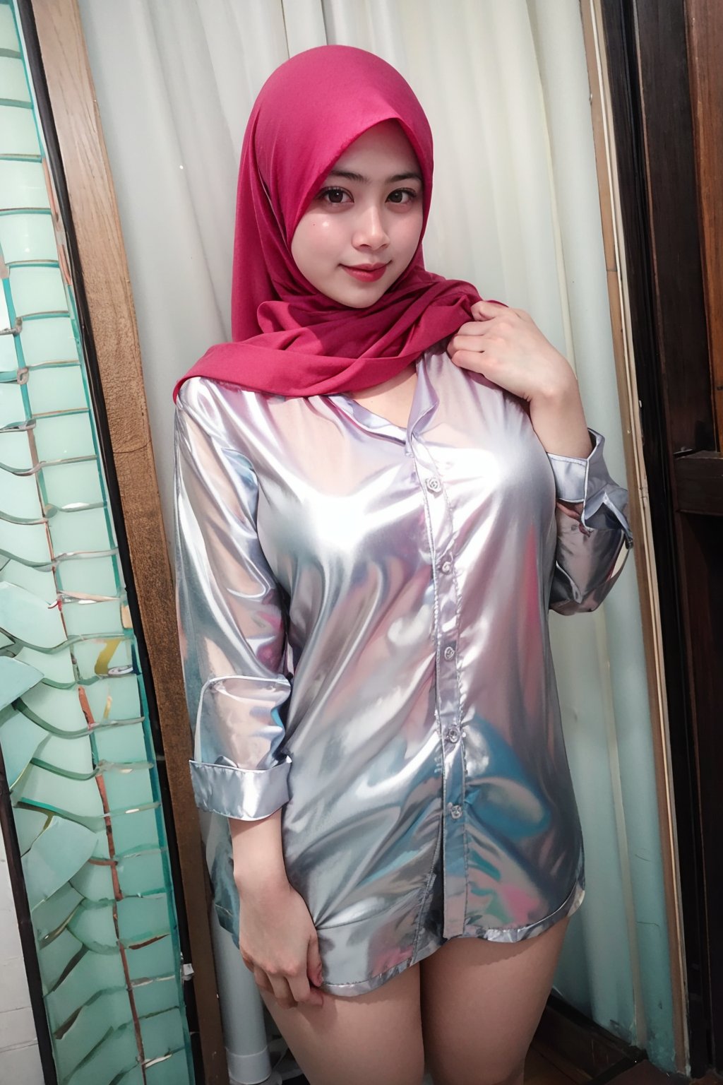 1 girl, solo, medium_breasts, innocent looks, enjoying, looking at viewer,

Hijab, shirt, Jewelry, necklace, earings, only_shirt, silk, thin, translucent ,see-through, 
,C1SYU,H3NUY ,sangonomiya kokomi (sparkling coralbone),sangonomiya kokomi,R15M ,IR3N 