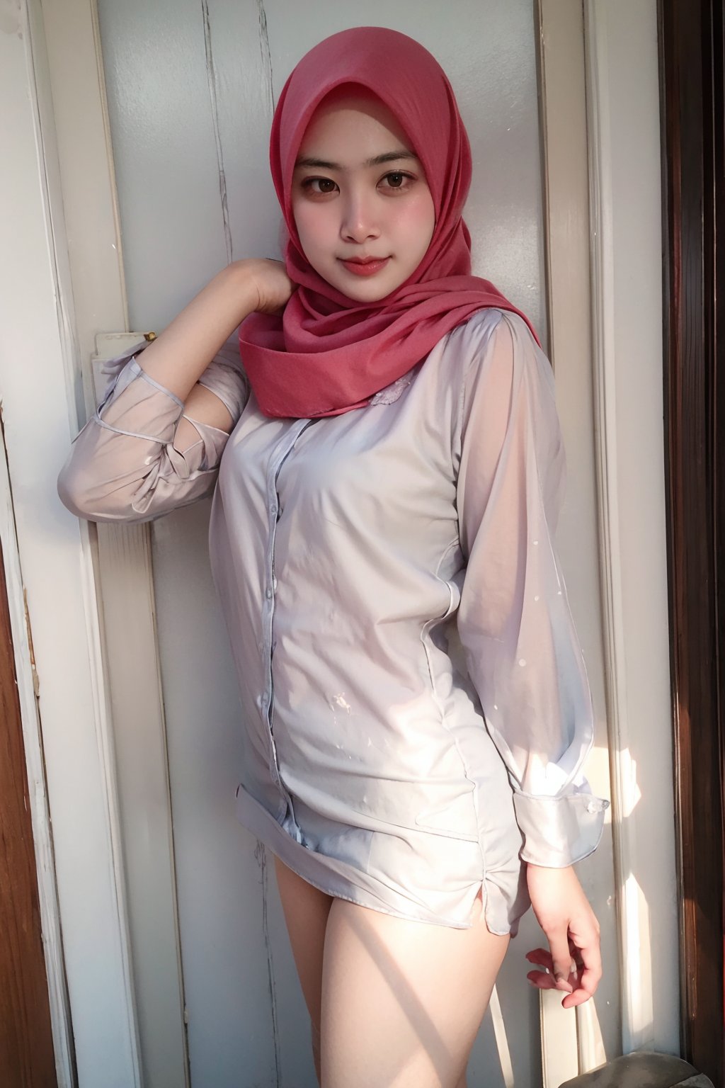 1 girl, solo, medium_breasts, innocent looks, enjoying, looking at viewer,

Hijab, shirt, Jewelry, necklace, earings, only_shirt, silk, thin, translucent ,see-through, 
,C1SYU,H3NUY ,sangonomiya kokomi (sparkling coralbone),sangonomiya kokomi,R15M ,IR3N 