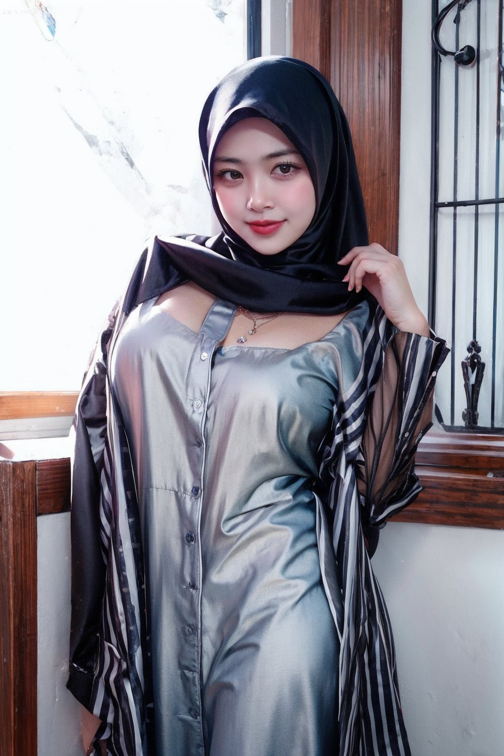 1 girl, solo, medium_breasts, innocent looks, enjoying, looking at viewer,

Hijab, shirt, Jewelry, necklace, earings, only_shirt, silk, thin, translucent ,see-through, 
,C1SYU,H3NUY ,sangonomiya kokomi (sparkling coralbone),sangonomiya kokomi,R15M ,IR3N 