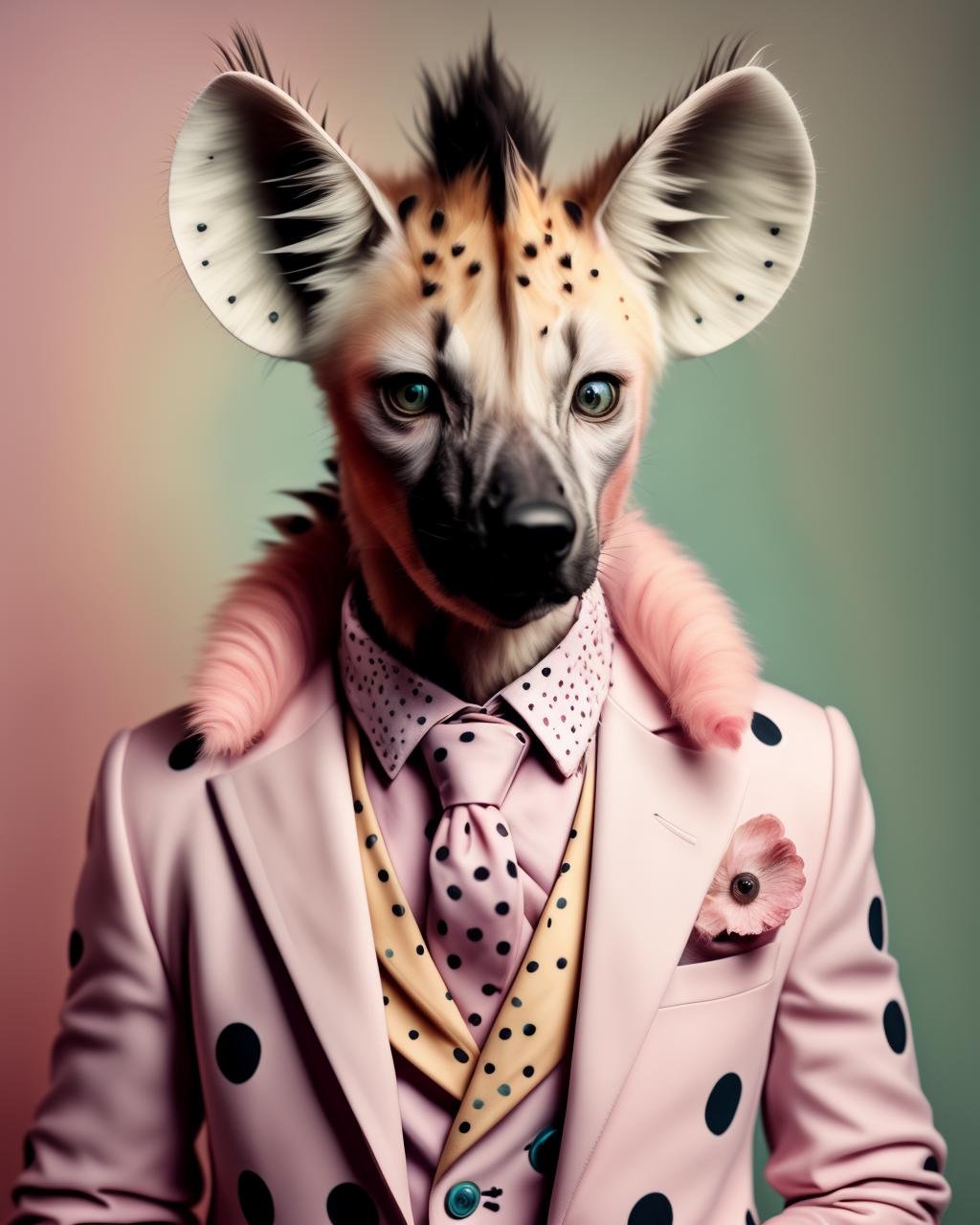 photo portrait,  a hyena dressed in a fancy outfit with a pink collar and a pink tie and a pink jacket with polka dots on it , Annabel Kidston, professional photo, a character portrait, kitsch movement, pastel colors