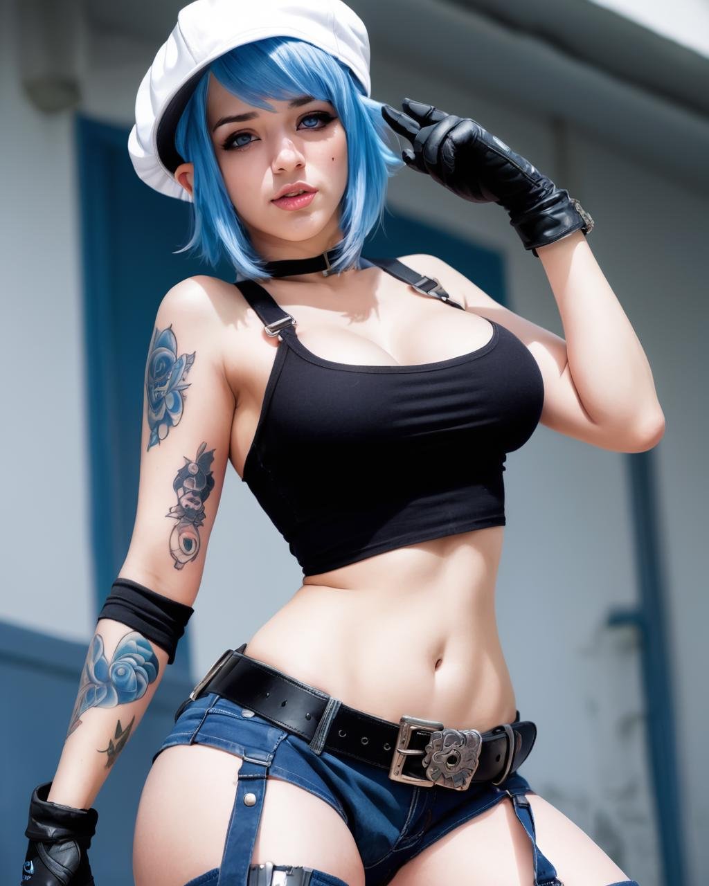 a woman with blue hair wearing a hat and a top , 1girl, solo, breasts, gloves, hat, navel, medium breasts, weapon, white hair, elbow gloves, midriff, belt, lips, tattoo, mole above mouth