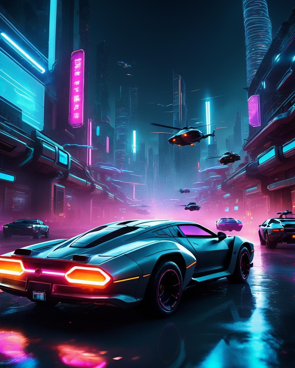 -A thrilling chase scene through a futuristic city, with neon lights, flying cars, and gunfire. Realistic textures and lighting create a hyper-realistic atmosphere.