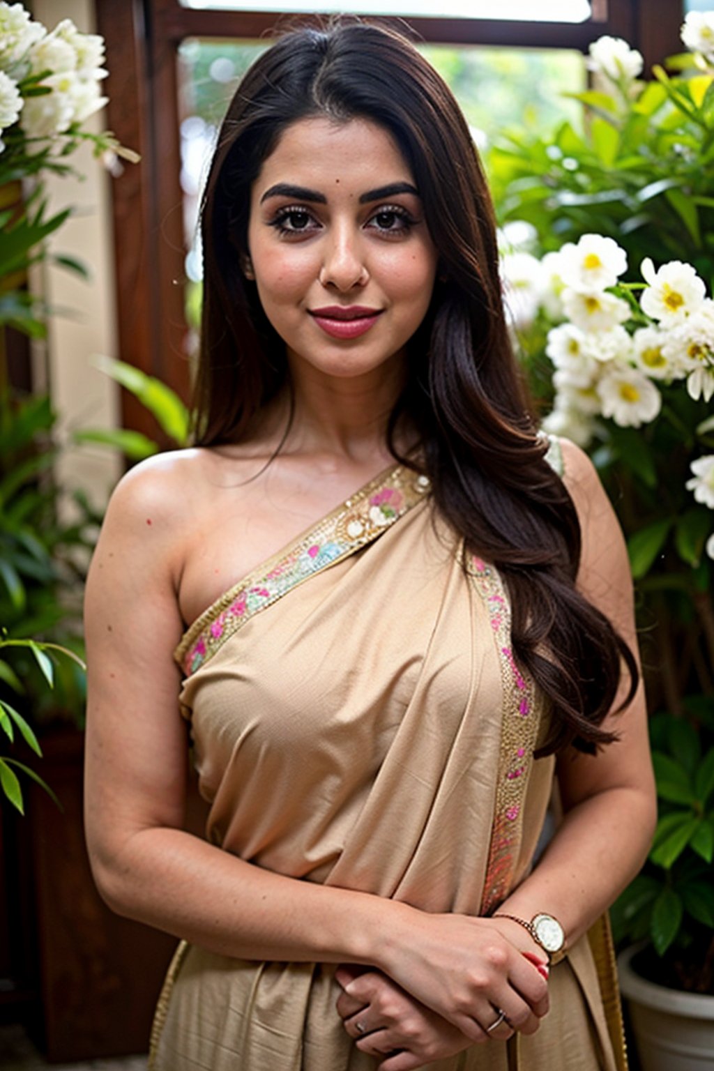 Beautiful ,23 years young girl,confident looking,8k,realistic,dark brown hair,fair skin, indian,long hair,clear facial features, wearing beautiful dress and flowers 🌷🌹and hairs on face make it seductive effect