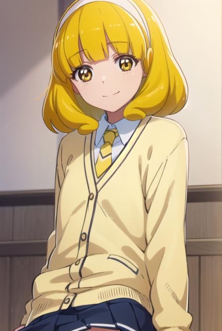 yayoikise, <lora:yayoi kise s1-lora-nochekaiser:1>,yayoi kise, short hair, blonde hair, (yellow eyes:1.3), hairband, white hairband, smile,BREAK skirt, school uniform, socks, cardigan, nanairogaoka middle school uniform, yellow cardigan, pleated skirt, blue skirt,BREAK indoors,classroom,BREAK looking at viewer, dynamic pose,BREAK <lyco:GoodHands-beta2:1>, (masterpiece:1.2), best quality, high resolution, unity 8k wallpaper, (illustration:0.8), (beautiful detailed eyes:1.6), extremely detailed face, perfect lighting, extremely detailed CG, (perfect hands, perfect anatomy),