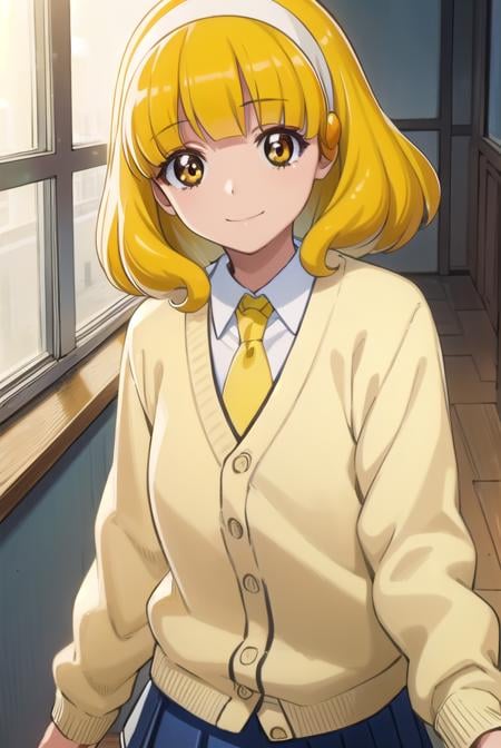 yayoikise, <lora:yayoi kise s1-lora-nochekaiser:1>,yayoi kise, short hair, blonde hair, (yellow eyes:1.3), hairband, white hairband, smile,BREAK skirt, school uniform, socks, cardigan, nanairogaoka middle school uniform, yellow cardigan, pleated skirt, blue skirt,BREAK indoors,classroom,BREAK looking at viewer, dynamic pose,BREAK <lyco:GoodHands-beta2:1>, (masterpiece:1.2), best quality, high resolution, unity 8k wallpaper, (illustration:0.8), (beautiful detailed eyes:1.6), extremely detailed face, perfect lighting, extremely detailed CG, (perfect hands, perfect anatomy),