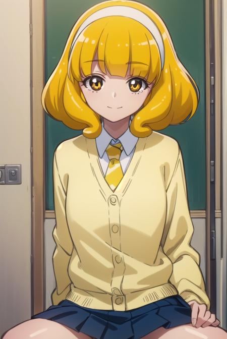 yayoikise, <lora:yayoi kise s1-lora-nochekaiser:1>,yayoi kise, short hair, blonde hair, (yellow eyes:1.3), hairband, white hairband, smile,BREAK skirt, school uniform, socks, cardigan, nanairogaoka middle school uniform, yellow cardigan, pleated skirt, blue skirt,BREAK indoors,classroom,BREAK looking at viewer, dynamic pose,BREAK <lyco:GoodHands-beta2:1>, (masterpiece:1.2), best quality, high resolution, unity 8k wallpaper, (illustration:0.8), (beautiful detailed eyes:1.6), extremely detailed face, perfect lighting, extremely detailed CG, (perfect hands, perfect anatomy),