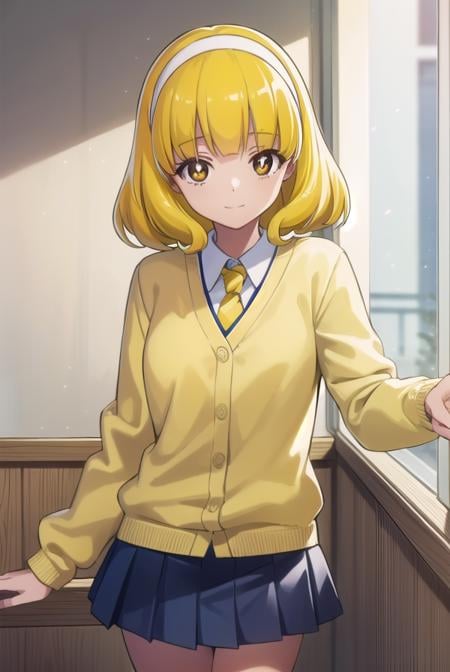 yayoikise, <lora:yayoi kise s1-lora-nochekaiser:1>,yayoi kise, short hair, blonde hair, (yellow eyes:1.3), hairband, white hairband, smile,BREAK skirt, school uniform, socks, cardigan, nanairogaoka middle school uniform, yellow cardigan, pleated skirt, blue skirt,BREAK indoors,classroom,BREAK looking at viewer, dynamic pose,BREAK <lyco:GoodHands-beta2:1>, (masterpiece:1.2), best quality, high resolution, unity 8k wallpaper, (illustration:0.8), (beautiful detailed eyes:1.6), extremely detailed face, perfect lighting, extremely detailed CG, (perfect hands, perfect anatomy),