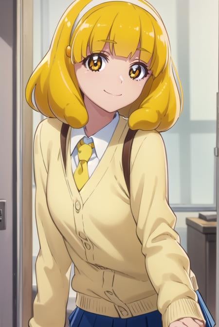 yayoikise, <lora:yayoi kise s1-lora-nochekaiser:1>,yayoi kise, short hair, blonde hair, (yellow eyes:1.3), hairband, white hairband, smile,BREAK skirt, school uniform, socks, cardigan, nanairogaoka middle school uniform, yellow cardigan, pleated skirt, blue skirt,BREAK indoors,classroom,BREAK looking at viewer, dynamic pose,BREAK <lyco:GoodHands-beta2:1>, (masterpiece:1.2), best quality, high resolution, unity 8k wallpaper, (illustration:0.8), (beautiful detailed eyes:1.6), extremely detailed face, perfect lighting, extremely detailed CG, (perfect hands, perfect anatomy),