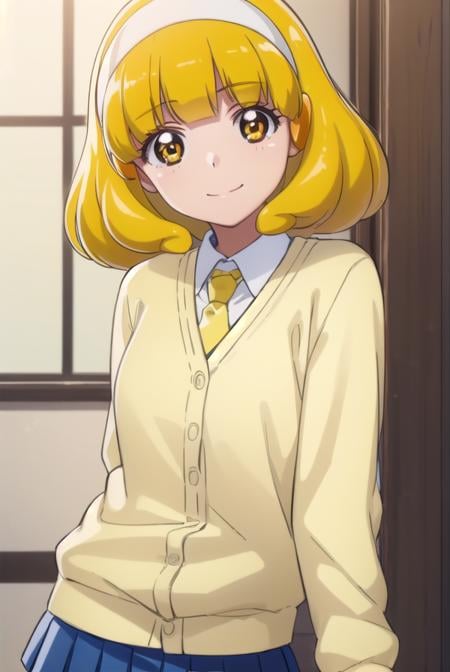 yayoikise, <lora:yayoi kise s1-lora-nochekaiser:1>,yayoi kise, short hair, blonde hair, (yellow eyes:1.3), hairband, white hairband, smile,BREAK skirt, school uniform, socks, cardigan, nanairogaoka middle school uniform, yellow cardigan, pleated skirt, blue skirt,BREAK indoors,classroom,BREAK looking at viewer, dynamic pose,BREAK <lyco:GoodHands-beta2:1>, (masterpiece:1.2), best quality, high resolution, unity 8k wallpaper, (illustration:0.8), (beautiful detailed eyes:1.6), extremely detailed face, perfect lighting, extremely detailed CG, (perfect hands, perfect anatomy),