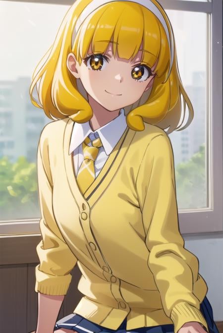 yayoikise, <lora:yayoi kise s1-lora-nochekaiser:1>,yayoi kise, short hair, blonde hair, (yellow eyes:1.3), hairband, white hairband, smile,BREAK skirt, school uniform, socks, cardigan, nanairogaoka middle school uniform, yellow cardigan, pleated skirt, blue skirt,BREAK indoors,classroom,BREAK looking at viewer, dynamic pose,BREAK <lyco:GoodHands-beta2:1>, (masterpiece:1.2), best quality, high resolution, unity 8k wallpaper, (illustration:0.8), (beautiful detailed eyes:1.6), extremely detailed face, perfect lighting, extremely detailed CG, (perfect hands, perfect anatomy),