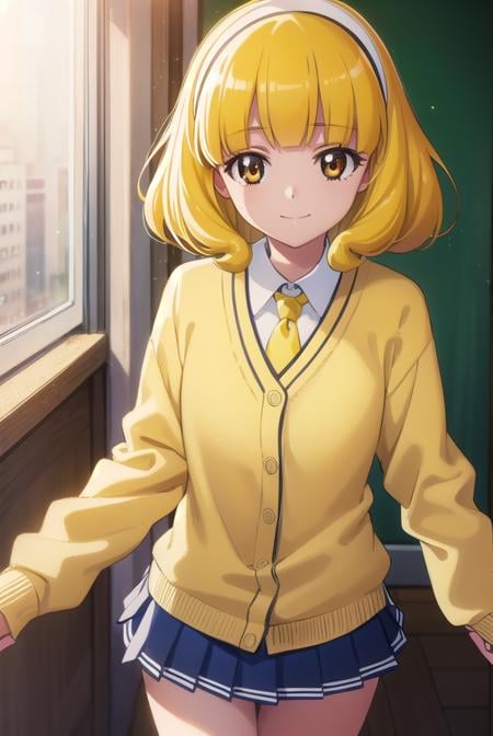 yayoikise, <lora:yayoi kise s1-lora-nochekaiser:1>,yayoi kise, short hair, blonde hair, (yellow eyes:1.3), hairband, white hairband, smile,BREAK skirt, school uniform, socks, cardigan, nanairogaoka middle school uniform, yellow cardigan, pleated skirt, blue skirt,BREAK indoors,classroom,BREAK looking at viewer, dynamic pose,BREAK <lyco:GoodHands-beta2:1>, (masterpiece:1.2), best quality, high resolution, unity 8k wallpaper, (illustration:0.8), (beautiful detailed eyes:1.6), extremely detailed face, perfect lighting, extremely detailed CG, (perfect hands, perfect anatomy),