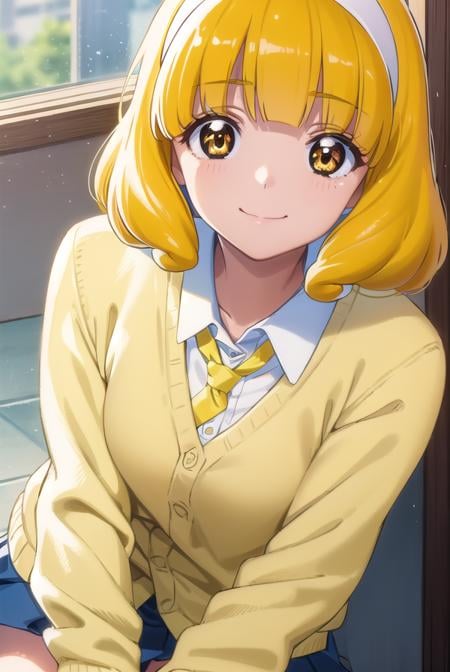 yayoikise, <lora:yayoi kise s1-lora-nochekaiser:1>,yayoi kise, short hair, blonde hair, (yellow eyes:1.3), hairband, white hairband, smile,BREAK skirt, school uniform, socks, cardigan, nanairogaoka middle school uniform, yellow cardigan, pleated skirt, blue skirt,BREAK indoors,classroom,BREAK looking at viewer, dynamic pose,BREAK <lyco:GoodHands-beta2:1>, (masterpiece:1.2), best quality, high resolution, unity 8k wallpaper, (illustration:0.8), (beautiful detailed eyes:1.6), extremely detailed face, perfect lighting, extremely detailed CG, (perfect hands, perfect anatomy),