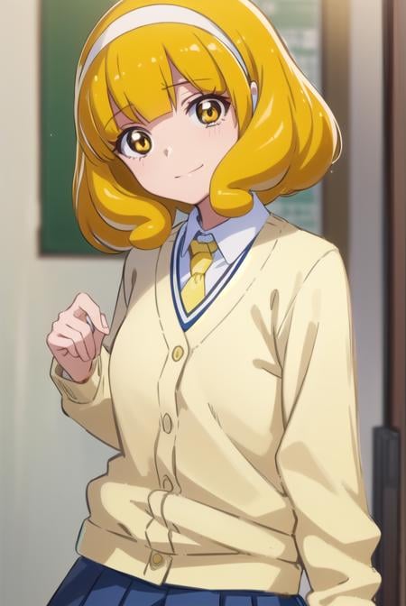 yayoikise, <lora:yayoi kise s1-lora-nochekaiser:1>,yayoi kise, short hair, blonde hair, (yellow eyes:1.3), hairband, white hairband, smile,BREAK skirt, school uniform, socks, cardigan, nanairogaoka middle school uniform, yellow cardigan, pleated skirt, blue skirt,BREAK indoors,classroom,BREAK looking at viewer, dynamic pose,BREAK <lyco:GoodHands-beta2:1>, (masterpiece:1.2), best quality, high resolution, unity 8k wallpaper, (illustration:0.8), (beautiful detailed eyes:1.6), extremely detailed face, perfect lighting, extremely detailed CG, (perfect hands, perfect anatomy),