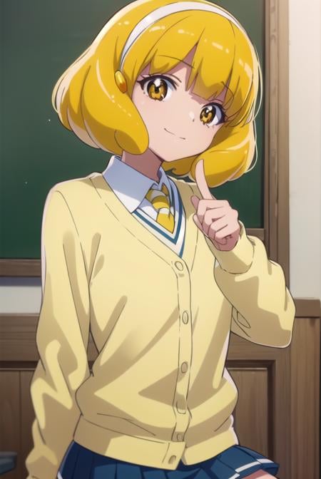 yayoikise, <lora:yayoi kise s1-lora-nochekaiser:1>,yayoi kise, short hair, blonde hair, (yellow eyes:1.3), hairband, white hairband, smile,BREAK skirt, school uniform, socks, cardigan, nanairogaoka middle school uniform, yellow cardigan, pleated skirt, blue skirt,BREAK indoors,classroom,BREAK looking at viewer, dynamic pose,BREAK <lyco:GoodHands-beta2:1>, (masterpiece:1.2), best quality, high resolution, unity 8k wallpaper, (illustration:0.8), (beautiful detailed eyes:1.6), extremely detailed face, perfect lighting, extremely detailed CG, (perfect hands, perfect anatomy),