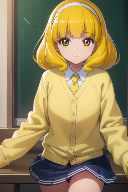 yayoikise, <lora:yayoi kise s1-lora-nochekaiser:1>,yayoi kise, short hair, blonde hair, (yellow eyes:1.3), hairband, white hairband, smile,BREAK skirt, school uniform, socks, cardigan, nanairogaoka middle school uniform, yellow cardigan, pleated skirt, blue skirt,BREAK indoors,classroom,BREAK looking at viewer, dynamic pose,BREAK <lyco:GoodHands-beta2:1>, (masterpiece:1.2), best quality, high resolution, unity 8k wallpaper, (illustration:0.8), (beautiful detailed eyes:1.6), extremely detailed face, perfect lighting, extremely detailed CG, (perfect hands, perfect anatomy),