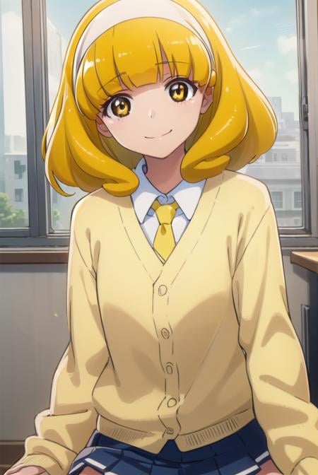 yayoikise, <lora:yayoi kise s1-lora-nochekaiser:1>,yayoi kise, short hair, blonde hair, (yellow eyes:1.3), hairband, white hairband, smile,BREAK skirt, school uniform, socks, cardigan, nanairogaoka middle school uniform, yellow cardigan, pleated skirt, blue skirt,BREAK indoors,classroom,BREAK looking at viewer, dynamic pose,BREAK <lyco:GoodHands-beta2:1>, (masterpiece:1.2), best quality, high resolution, unity 8k wallpaper, (illustration:0.8), (beautiful detailed eyes:1.6), extremely detailed face, perfect lighting, extremely detailed CG, (perfect hands, perfect anatomy),