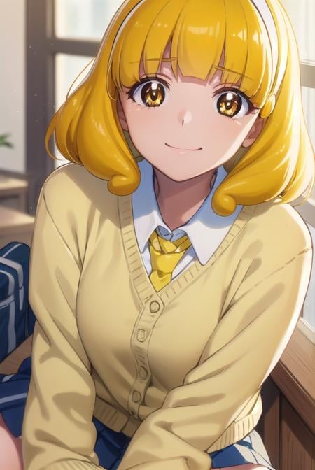 yayoikise, <lora:yayoi kise s1-lora-nochekaiser:1>,yayoi kise, short hair, blonde hair, (yellow eyes:1.3), hairband, white hairband, smile,BREAK skirt, school uniform, socks, cardigan, nanairogaoka middle school uniform, yellow cardigan, pleated skirt, blue skirt,BREAK indoors,classroom,BREAK looking at viewer, dynamic pose,BREAK <lyco:GoodHands-beta2:1>, (masterpiece:1.2), best quality, high resolution, unity 8k wallpaper, (illustration:0.8), (beautiful detailed eyes:1.6), extremely detailed face, perfect lighting, extremely detailed CG, (perfect hands, perfect anatomy),