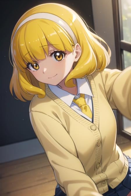 yayoikise, <lora:yayoi kise s1-lora-nochekaiser:1>,yayoi kise, short hair, blonde hair, (yellow eyes:1.3), hairband, white hairband, smile,BREAK skirt, school uniform, socks, cardigan, nanairogaoka middle school uniform, yellow cardigan, pleated skirt, blue skirt,BREAK indoors,classroom,BREAK looking at viewer, dynamic pose,BREAK <lyco:GoodHands-beta2:1>, (masterpiece:1.2), best quality, high resolution, unity 8k wallpaper, (illustration:0.8), (beautiful detailed eyes:1.6), extremely detailed face, perfect lighting, extremely detailed CG, (perfect hands, perfect anatomy),