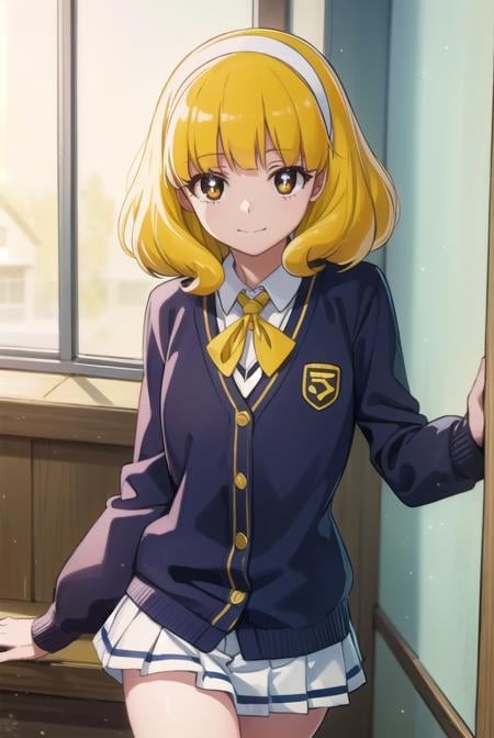 yayoikise, <lora:yayoi kise s1-lora-nochekaiser:1>,yayoi kise, short hair, blonde hair, (yellow eyes:1.3), hairband, white hairband, smile,BREAK skirt, school uniform, socks, cardigan, nanairogaoka middle school uniform, yellow cardigan, pleated skirt, blue skirt,BREAK indoors,classroom,BREAK looking at viewer, dynamic pose,BREAK <lyco:GoodHands-beta2:1>, (masterpiece:1.2), best quality, high resolution, unity 8k wallpaper, (illustration:0.8), (beautiful detailed eyes:1.6), extremely detailed face, perfect lighting, extremely detailed CG, (perfect hands, perfect anatomy),