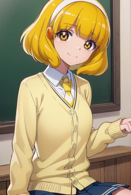 yayoikise, <lora:yayoi kise s1-lora-nochekaiser:1>,yayoi kise, short hair, blonde hair, (yellow eyes:1.3), hairband, white hairband, smile,BREAK skirt, school uniform, socks, cardigan, nanairogaoka middle school uniform, yellow cardigan, pleated skirt, blue skirt,BREAK indoors,classroom,BREAK looking at viewer, dynamic pose,BREAK <lyco:GoodHands-beta2:1>, (masterpiece:1.2), best quality, high resolution, unity 8k wallpaper, (illustration:0.8), (beautiful detailed eyes:1.6), extremely detailed face, perfect lighting, extremely detailed CG, (perfect hands, perfect anatomy),