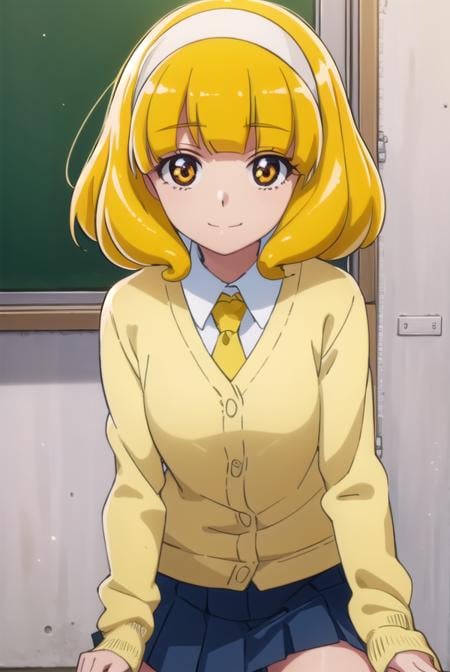 yayoikise, <lora:yayoi kise s1-lora-nochekaiser:1>,yayoi kise, short hair, blonde hair, (yellow eyes:1.3), hairband, white hairband, smile,BREAK skirt, school uniform, socks, cardigan, nanairogaoka middle school uniform, yellow cardigan, pleated skirt, blue skirt,BREAK indoors,classroom,BREAK looking at viewer, dynamic pose,BREAK <lyco:GoodHands-beta2:1>, (masterpiece:1.2), best quality, high resolution, unity 8k wallpaper, (illustration:0.8), (beautiful detailed eyes:1.6), extremely detailed face, perfect lighting, extremely detailed CG, (perfect hands, perfect anatomy),