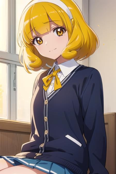 yayoikise, <lora:yayoi kise s1-lora-nochekaiser:1>,yayoi kise, short hair, blonde hair, (yellow eyes:1.3), hairband, white hairband, smile,BREAK skirt, school uniform, socks, cardigan, nanairogaoka middle school uniform, yellow cardigan, pleated skirt, blue skirt,BREAK indoors,classroom,BREAK looking at viewer, dynamic pose,BREAK <lyco:GoodHands-beta2:1>, (masterpiece:1.2), best quality, high resolution, unity 8k wallpaper, (illustration:0.8), (beautiful detailed eyes:1.6), extremely detailed face, perfect lighting, extremely detailed CG, (perfect hands, perfect anatomy),