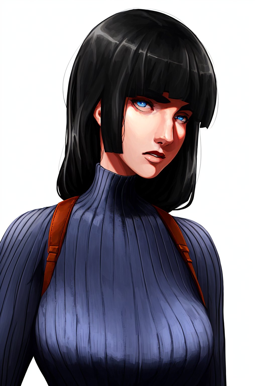 Rashed_AlAkroka_style_lora_by_niolas, 1girl, solo, long hair, looking at viewer, bangs, blue eyes, simple background, black hair, white background, upper body, parted lips, blunt bangs, sweater, lips, turtleneck, suspenders, ribbed sweater, turtleneck sweater, black sweater<lora:EMS-311363-EMS:0.700000>